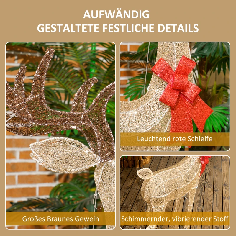 Outsunny Rendier met rode strik, 137 LEDs, Kerstverlichting, weerbestendig, 66 x 25 x 135 cm, Goud