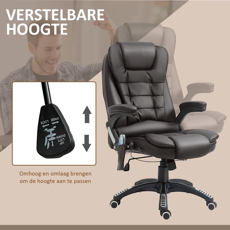 HOMCOM bureaustoel kantoorstoel directiestoel gaming stoel massagestoel 6-punts vibrerende massage met warmtefunctie draaibaar (bruin)(m-6)