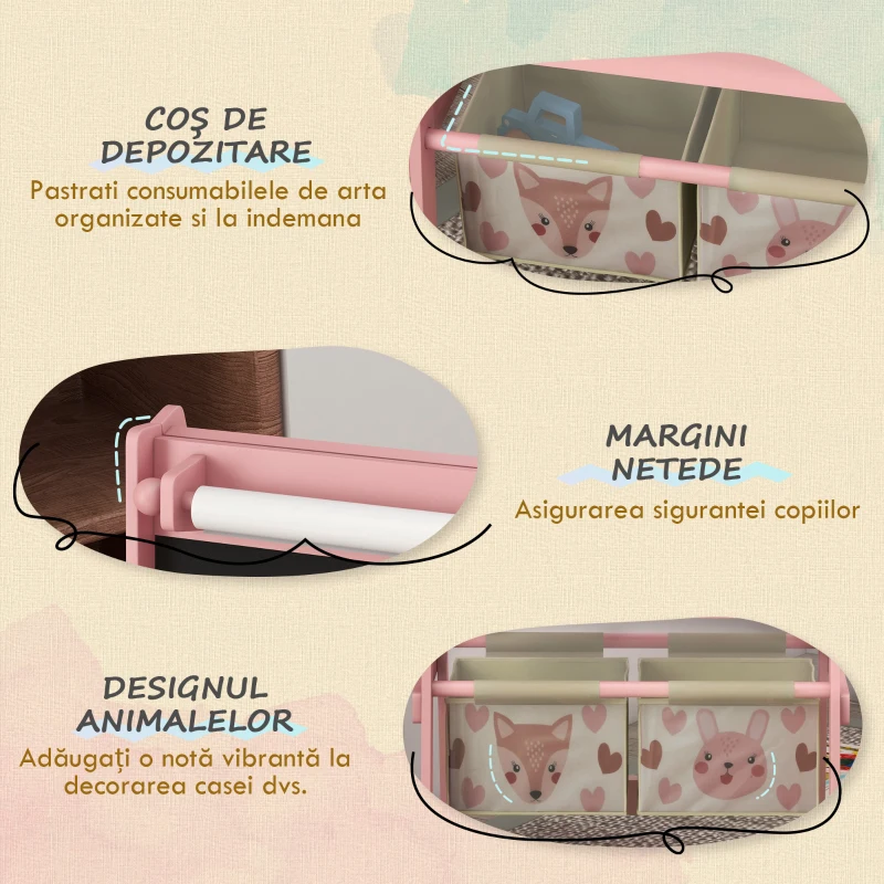 AIYAPLAY Tablă de Scris 3 În-1 pentru Copii 3-8 Ani din Lemn, 54x46,5x93 cm, Roz