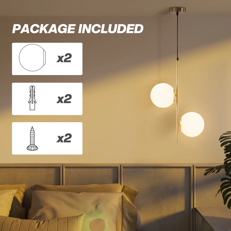 HOMCOM Lampă Suspendată cu 2 Abajururi din Sticlă și Cablu Reglabil, Lampă Modernă din Metal, 32x15x51 cm, Auriu