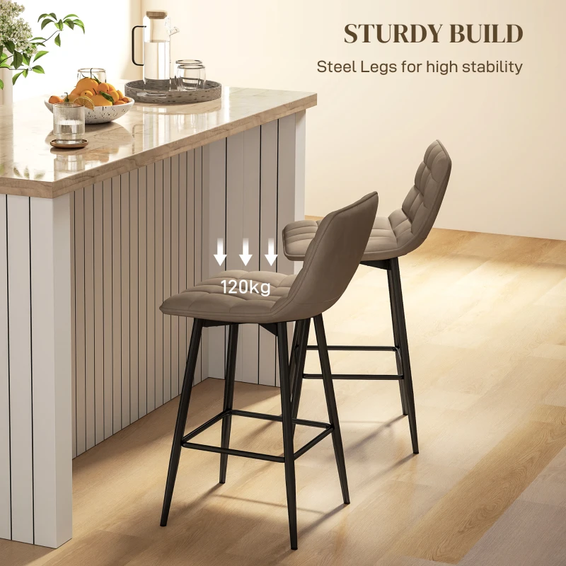 HOMCOM Scaune de bar Nordic, cu spătar și suport pentru picioare, 84 cm, din catifea și metal, Maro