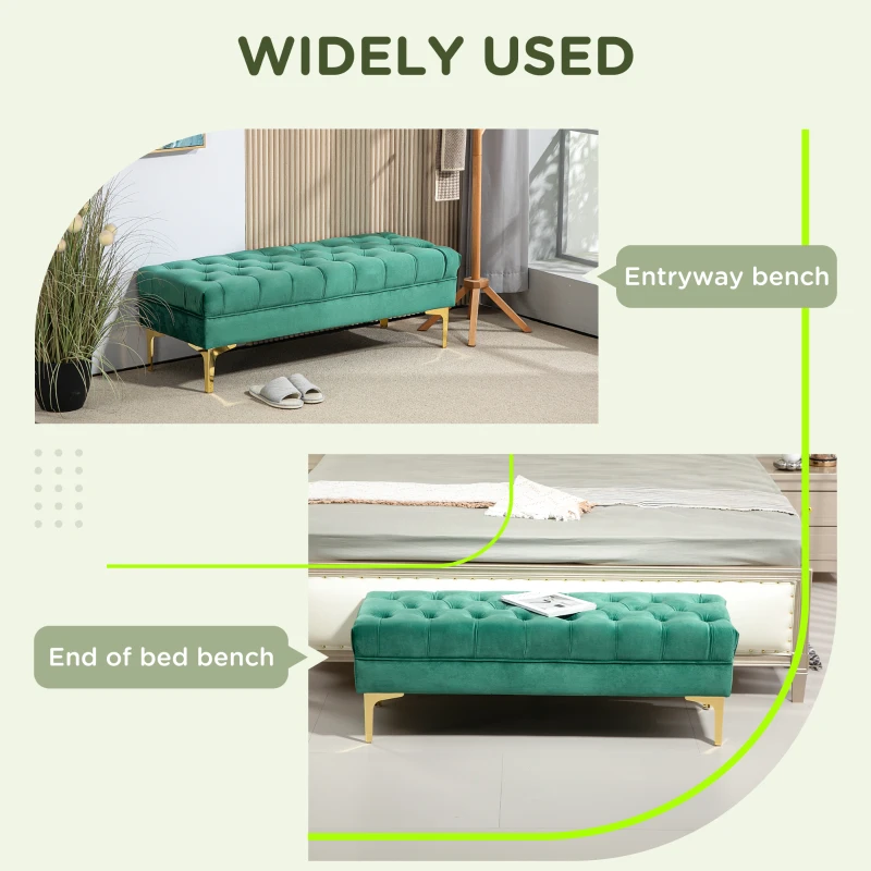 HOMCOM Bancă cu Husă Capitonată din Catifea cu Picioare Metalice pentru Hol, Coridor și Living, 118x45x42 cm, Verde