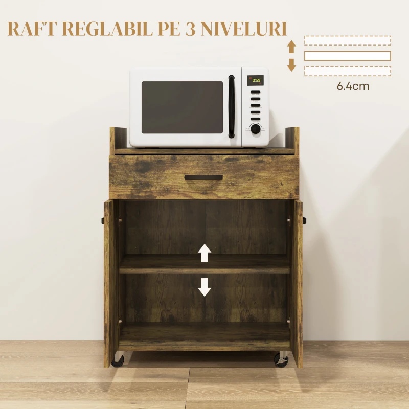 Homcom Carut Bucatarie Lemn Rustic – Raft Reglabil & Roti 60x40x77 cm(m-5)