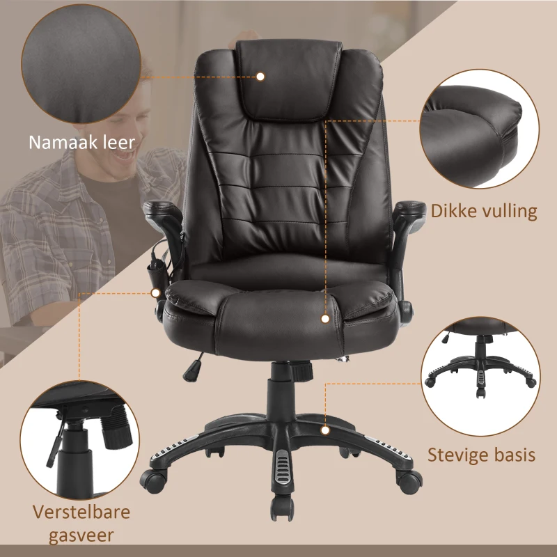 HOMCOM bureaustoel kantoorstoel directiestoel gaming stoel massagestoel 6-punts vibrerende massage met warmtefunctie draaibaar (bruin)(m-8)