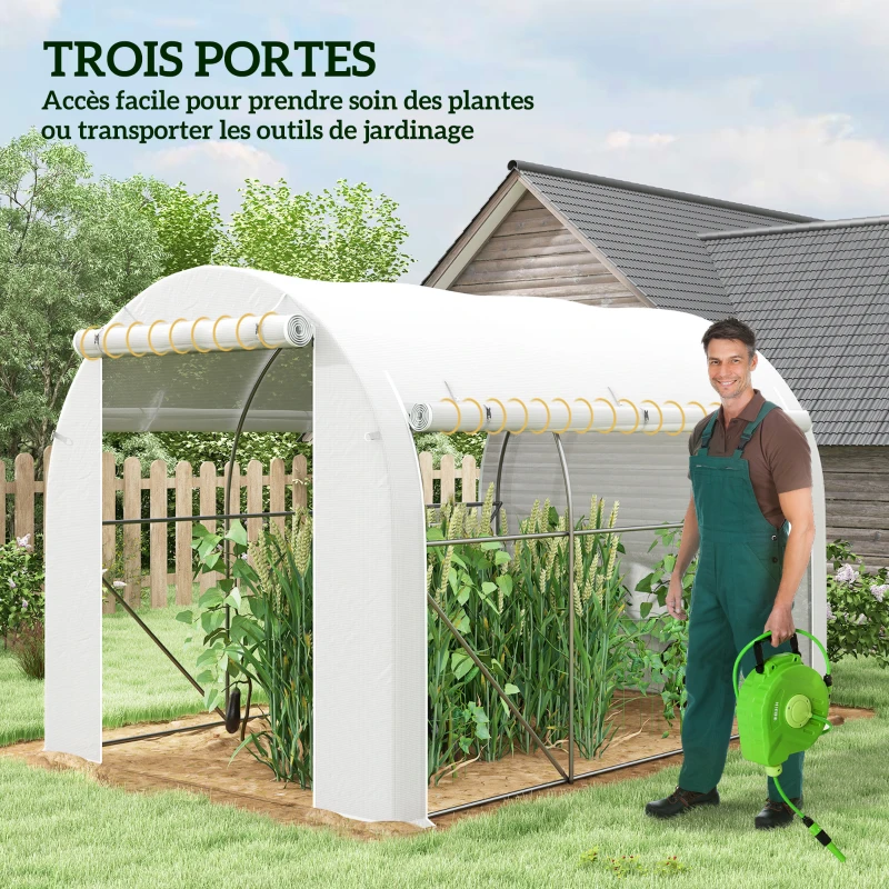 Outsunny Serre de jardin 6 m² dim. 3 x 2 m avec 1 porte + 2 parois latérales zippées enroulables, 6 fenêtres, Blanc