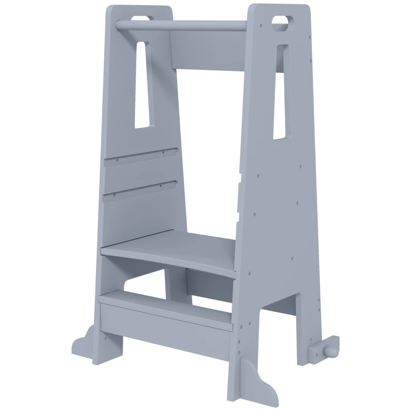 AIYAPLAY Torre de Aprendizagem para Crianças com Altura Ajustável em 3 Níveis e Barreira de Segurança 45x47,5x91 cm Cinza