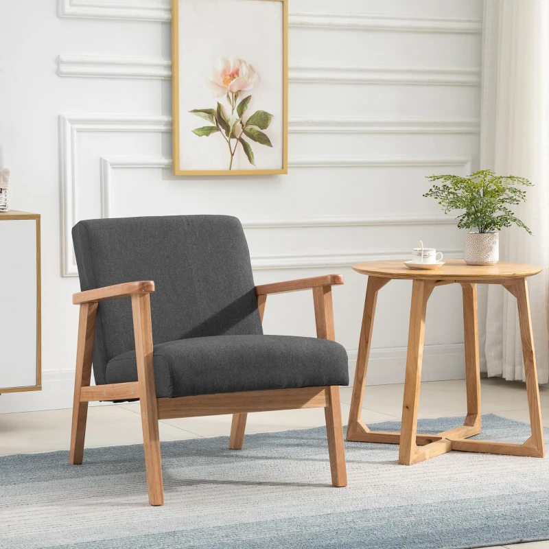 HOMCOM Poltrona de Dormitório Moderna Poltrona de Sala de Estar Estofada em Linho Sintético 68,5x78,5x75 cm Cinza e Madeira