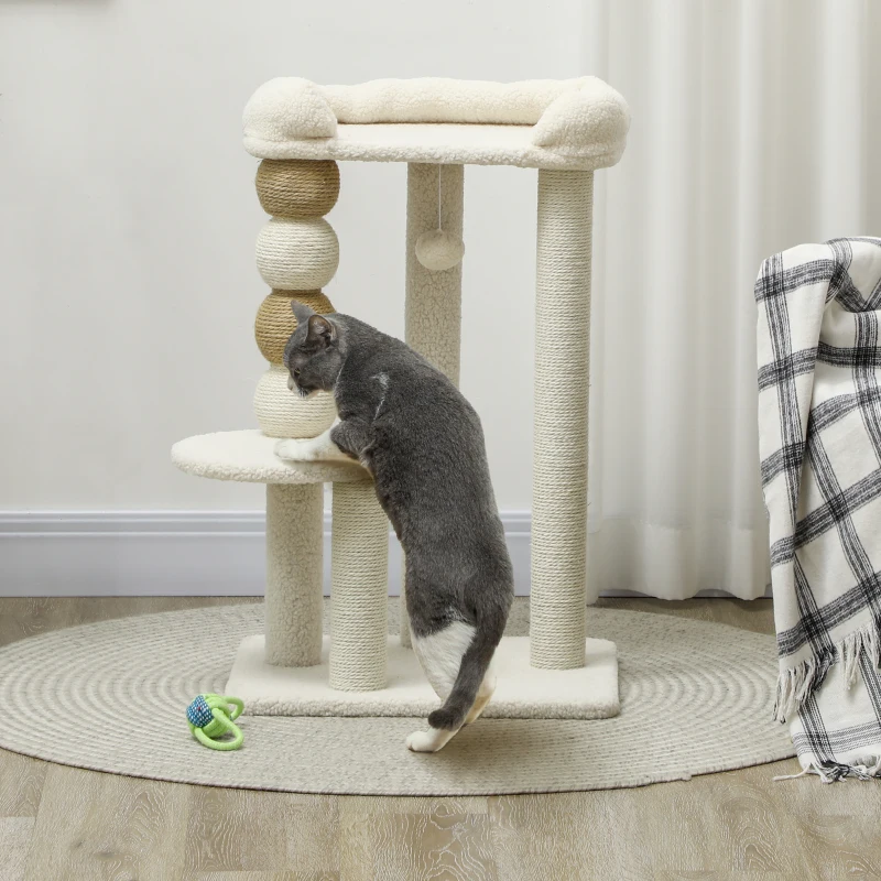 PawHut Arranhador para Gatos Arranhador para Gatos com Estofado em Borrego Plataformas Bola Suspensa e Poste de Juta 48,5x40x76 cm Bege