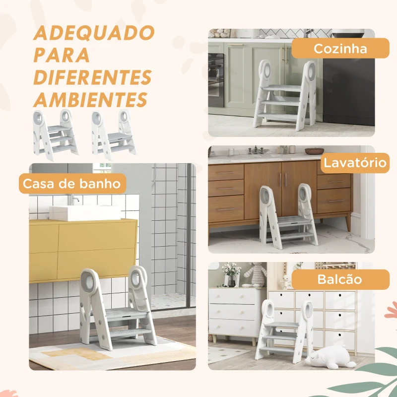 AIYAPLAY Banco para Crianças Dobrável Torre de Aprendizagem Escada para Crianças Antiderrapante  46,5x47x61,5 cm Cinza e Branco