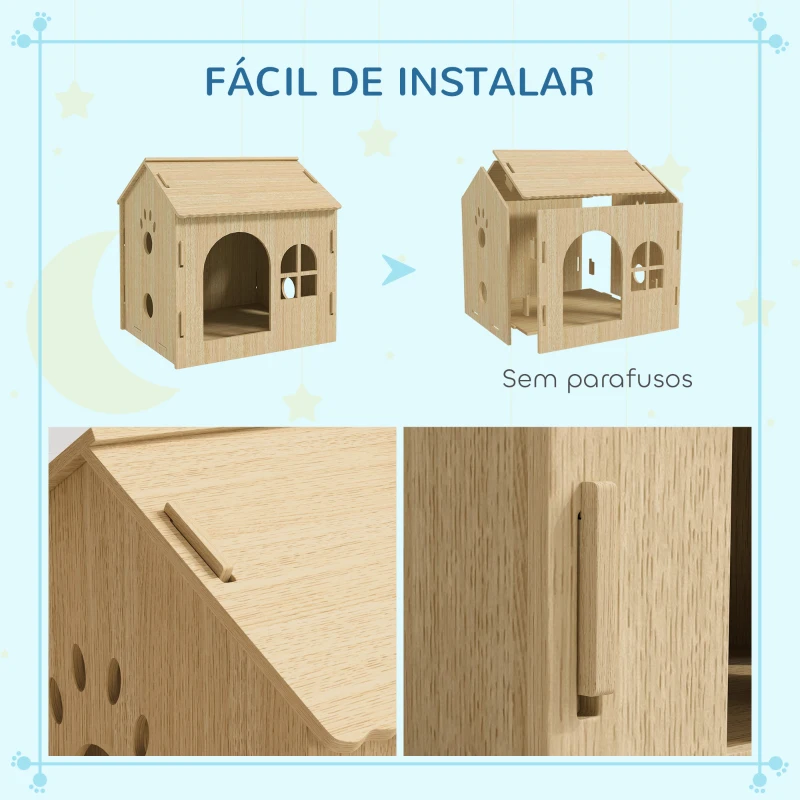 PawHut Casota para Cães Casa para Cães com Janelas Desenho de Patas Ocas Casa para Cães e Gatos 49,5x41x51 cm Madeira