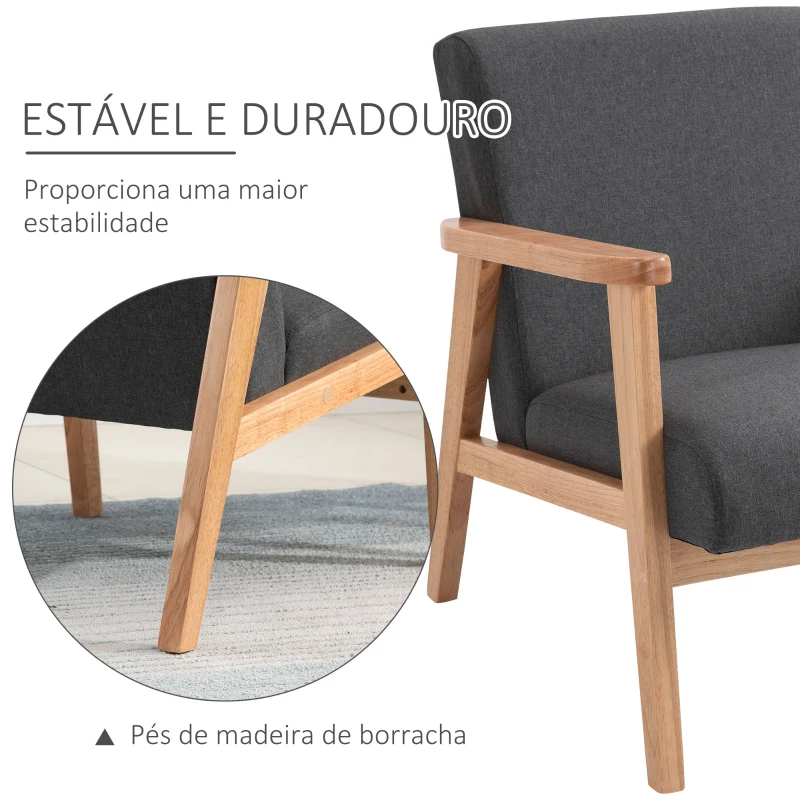 HOMCOM Poltrona de Dormitório Moderna Poltrona de Sala de Estar Estofada em Linho Sintético 68,5x78,5x75 cm Cinza e Madeira