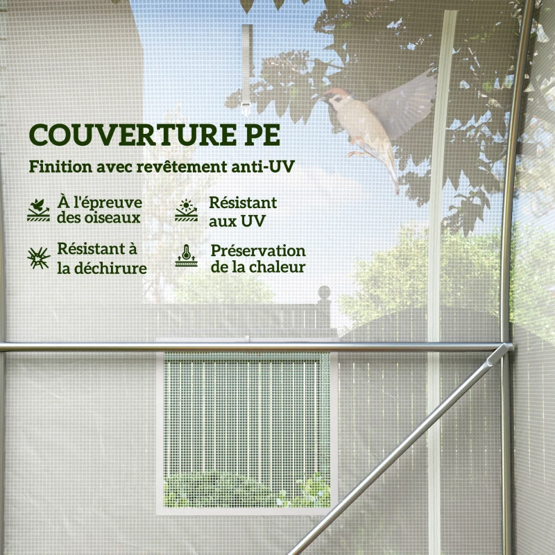 Outsunny Serre de jardin 6 m² dim. 3 x 2 m avec 1 porte + 2 parois latérales zippées enroulables, 6 fenêtres, Blanc