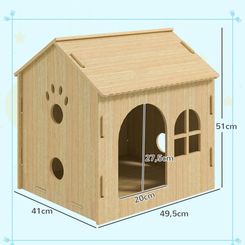 PawHut Casota para Cães Casa para Cães com Janelas Desenho de Patas Ocas Casa para Cães e Gatos 49,5x41x51 cm Madeira