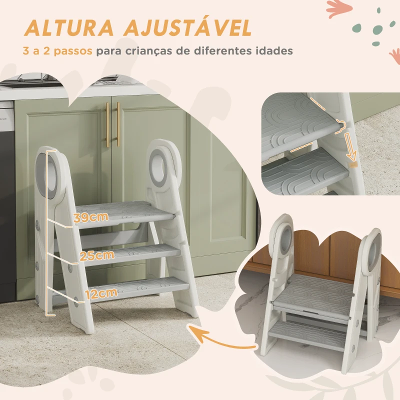 AIYAPLAY Banco para Crianças Dobrável Torre de Aprendizagem Escada para Crianças Antiderrapante  46,5x47x61,5 cm Cinza e Branco