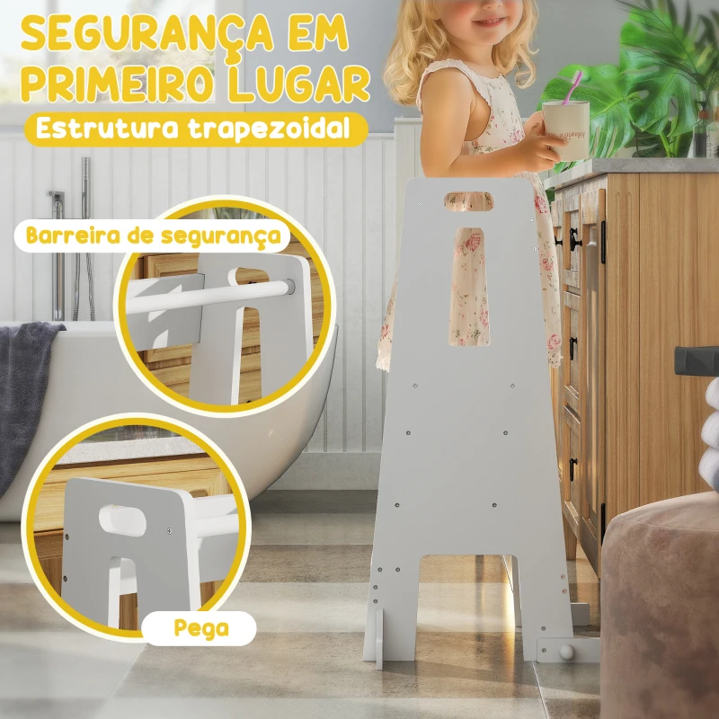 AIYAPLAY Torre de Aprendizagem para Crianças com Altura Ajustável em 3 Níveis e Barreira de Segurança 45x47,5x91 cm Branco