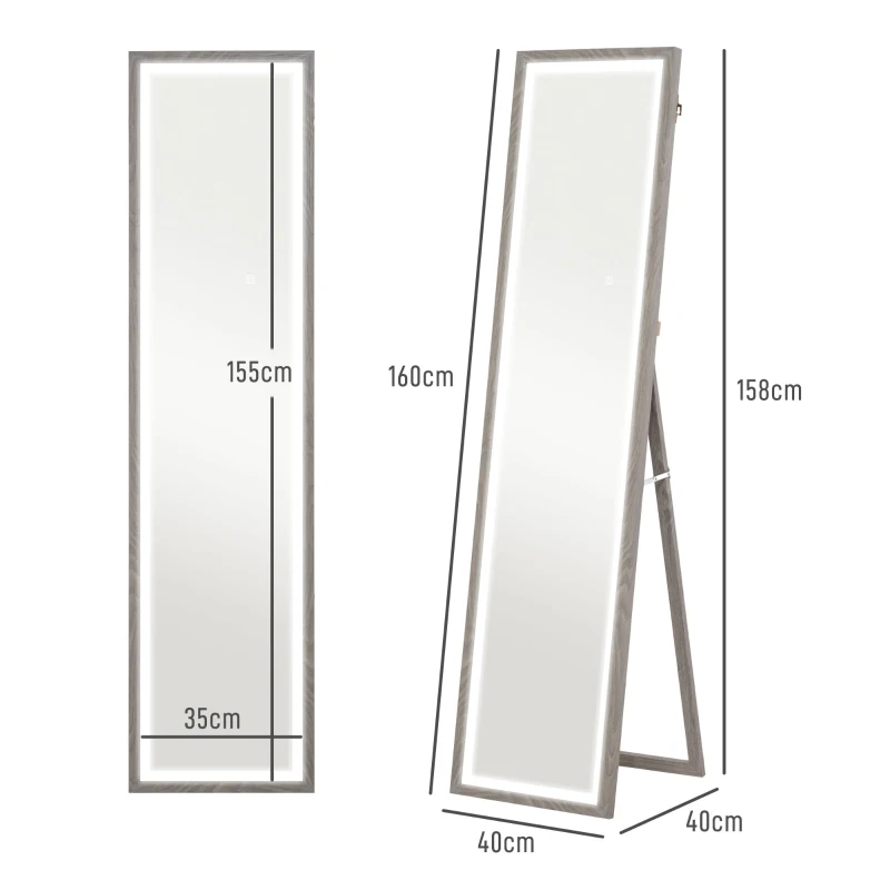 HOMCOM Espelho de Pé com Luz LED 40x160 cm Espelho de Corpo Inteiro com Iluminação de 3 Cores Tátil Função de Memória Cinza