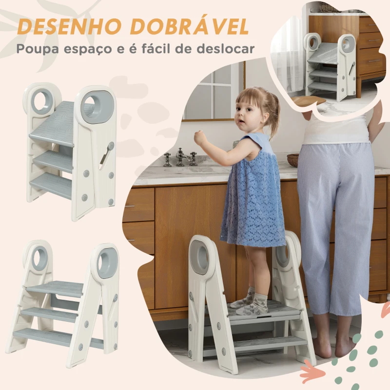 AIYAPLAY Banco para Crianças Dobrável Torre de Aprendizagem Escada para Crianças Antiderrapante  46,5x47x61,5 cm Cinza e Branco