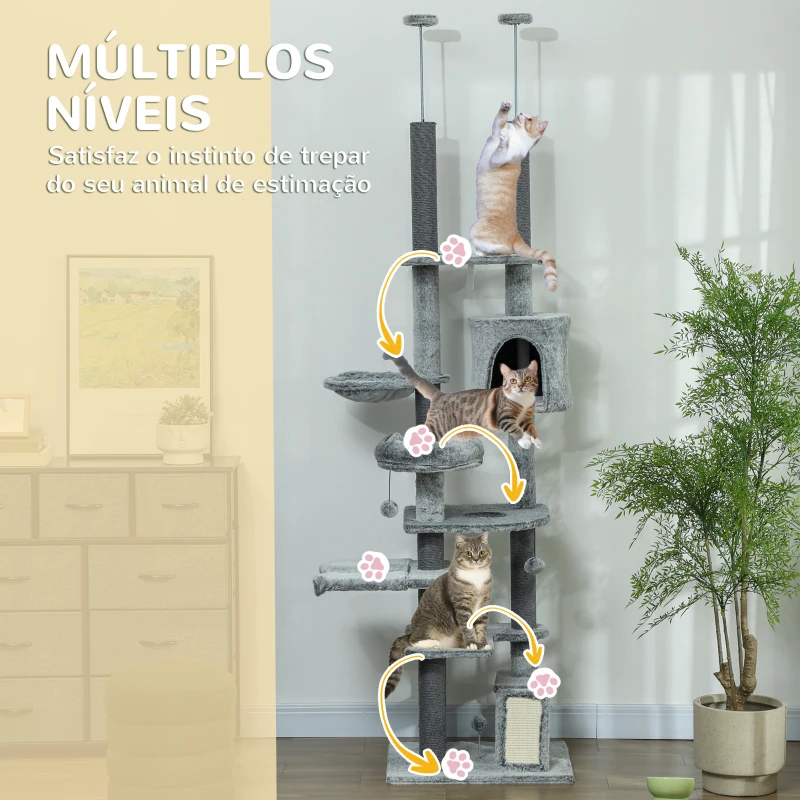 PawHut Arranhador para Gatos de Solo ao Teto com Altura Ajustável Rampa e Bolas de Brincar 60x48x225-255 cm Cinza