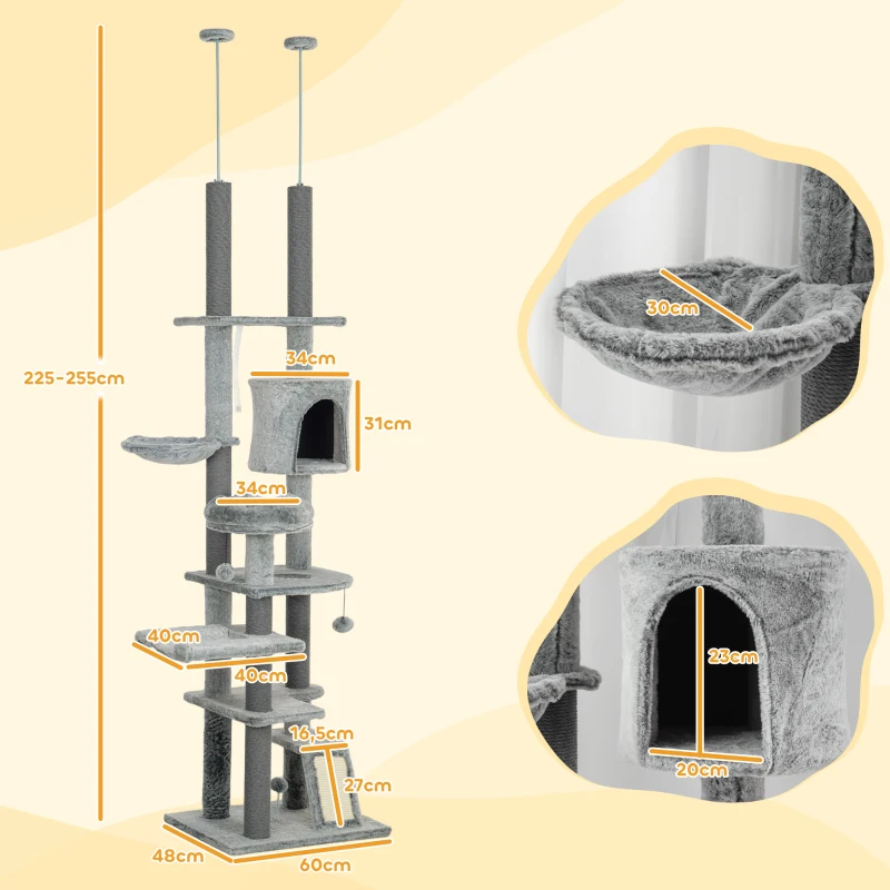 PawHut Arranhador para Gatos de Solo ao Teto com Altura Ajustável Rampa e Bolas de Brincar 60x48x225-255 cm Cinza
