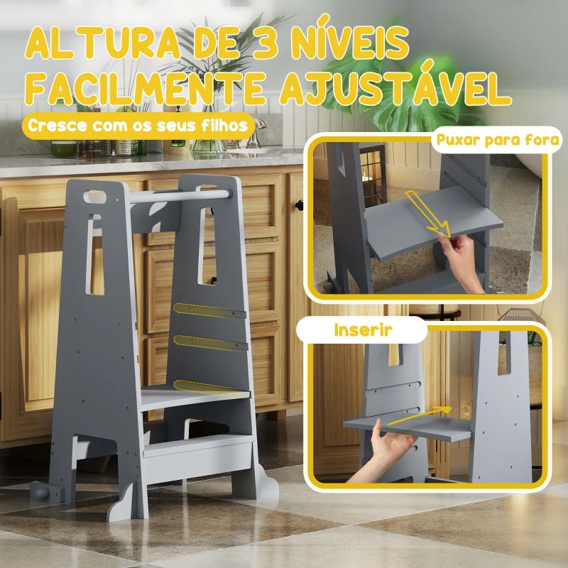 AIYAPLAY Torre de Aprendizagem para Crianças com Altura Ajustável em 3 Níveis e Barreira de Segurança 45x47,5x91 cm Cinza