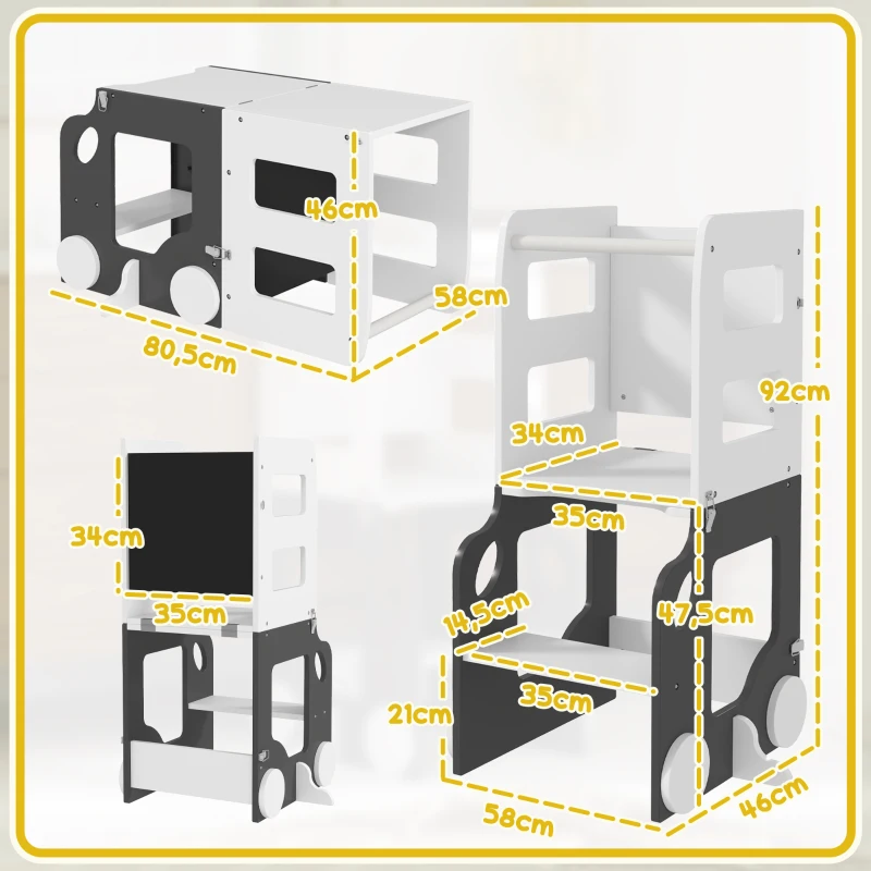 AIYAPLAY Torre de Aprendizagem 4 em 1 para Crianças em Forma de Carro Convertível em Mesa e Cadeira 58x46x92 cm Branco e Cinza