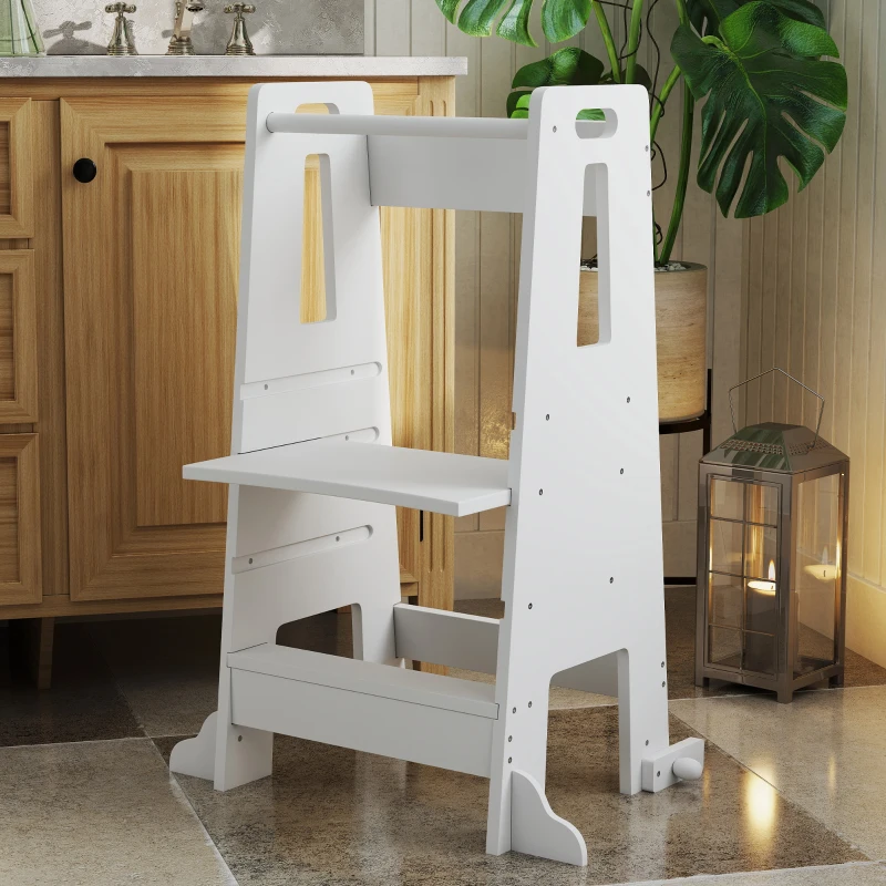 AIYAPLAY Torre de Aprendizagem para Crianças com Altura Ajustável em 3 Níveis e Barreira de Segurança 45x47,5x91 cm Branco