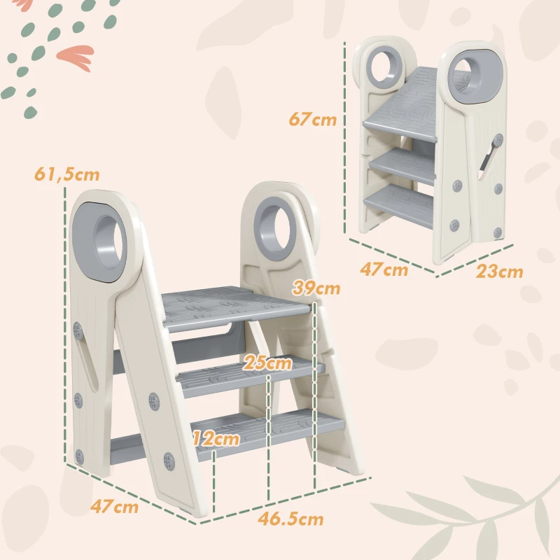 AIYAPLAY Banco para Crianças Dobrável Torre de Aprendizagem Escada para Crianças Antiderrapante  46,5x47x61,5 cm Cinza e Branco