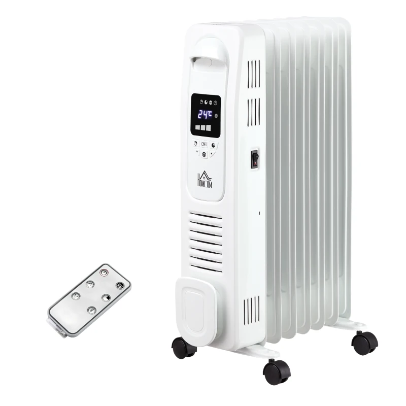 HOMCOM 1500W Digital Oil Filled Radiator, 7 Fin, Portable Electric Heater with LED Display, Built-in Timer, 3 Heat Settings, Safety Cut-Off and Remote Control, White