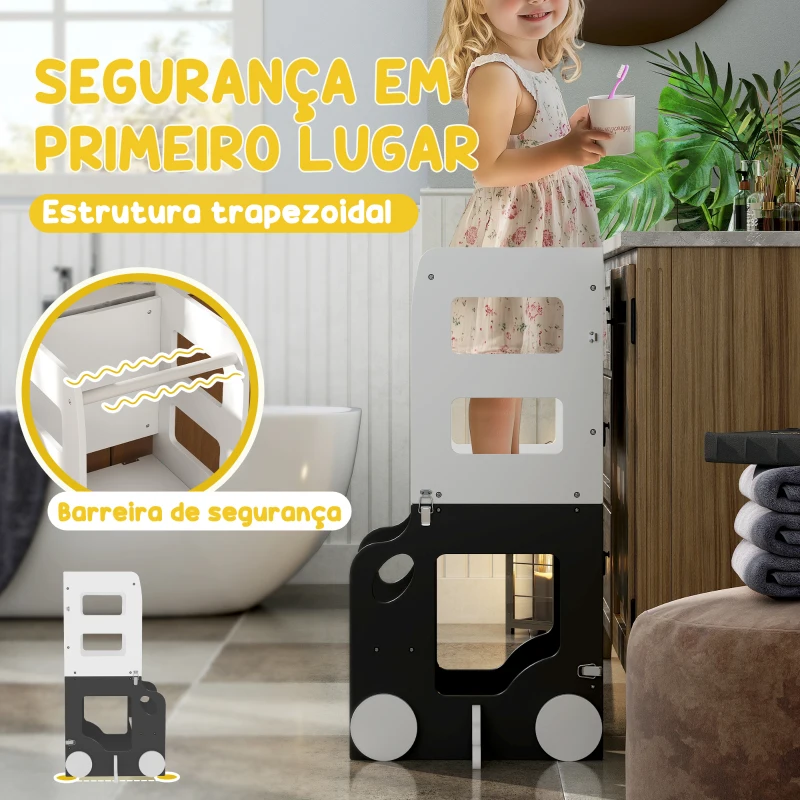 AIYAPLAY Torre de Aprendizagem 4 em 1 para Crianças em Forma de Carro Convertível em Mesa e Cadeira 58x46x92 cm Branco e Cinza
