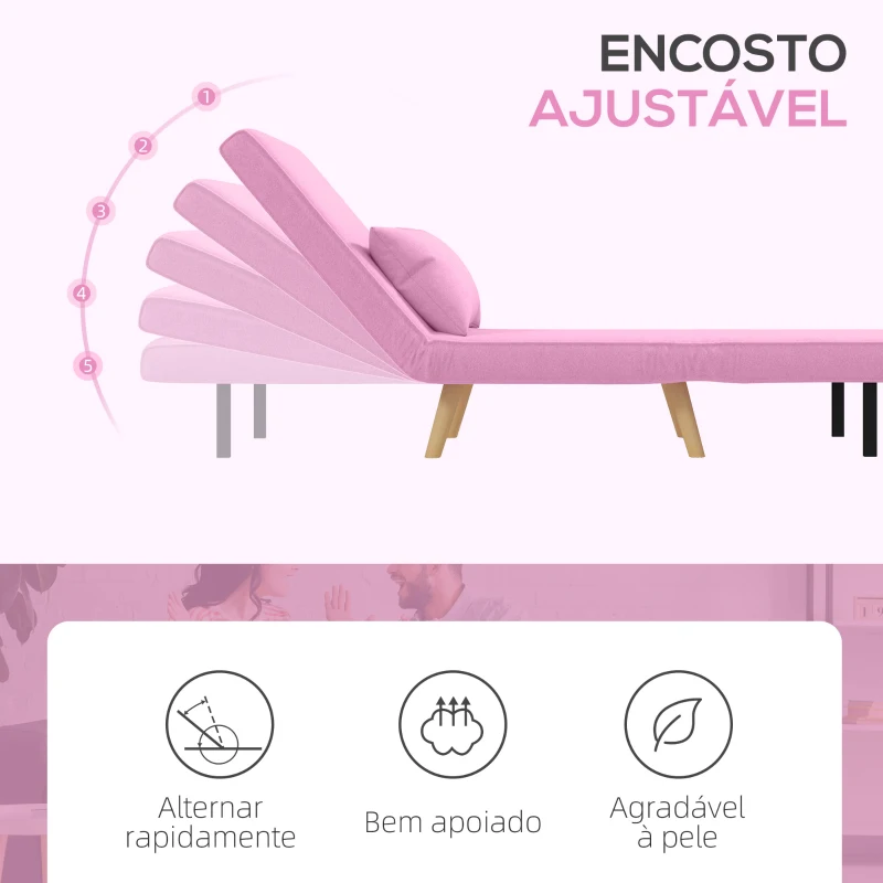 HOMCOM Sofá Cama Individual  Estofado em Linho com Encosto Ajustável em 5 Posições e Almofada Sofá Cama Pequeno 72x75x85 cm Rosa