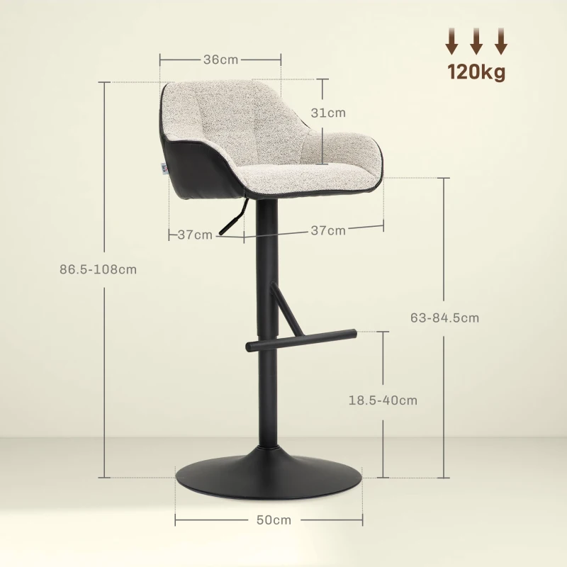 HOMCOM Set 2 Scaune de Bar cu Spătar, Tetiară și Brațe și Bază Antiderapantă, 52,5x53x86,5-108 cm, Gri Deschis(m-3)