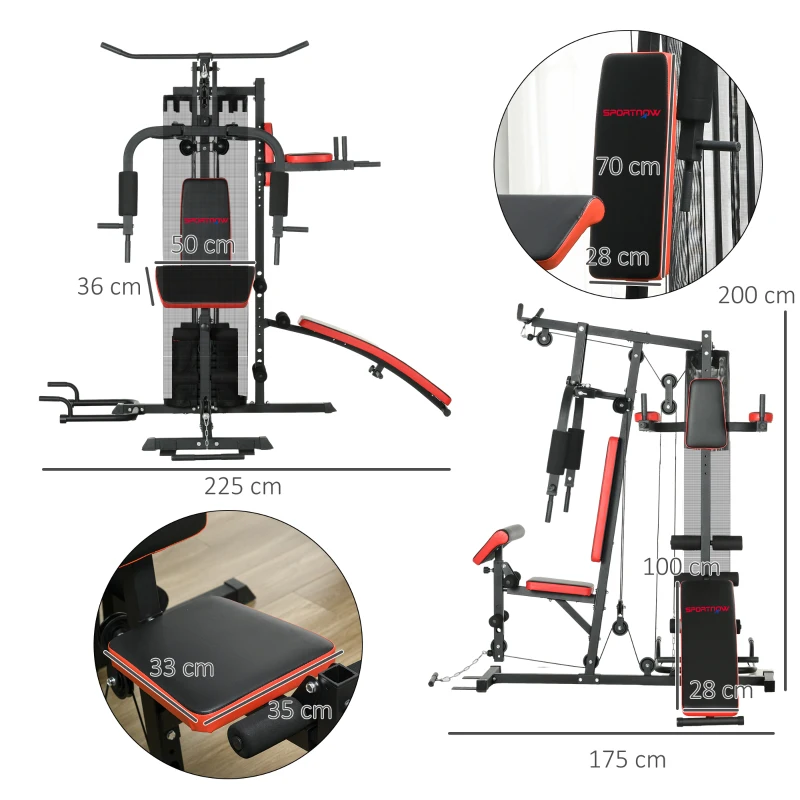 SPORTNOW Multifunctionele Trainingsstation met 65 kg Gewichtsblok, Verstelbaar, Voor Thuis Fitness, Staal, Kunstleer(m-3)