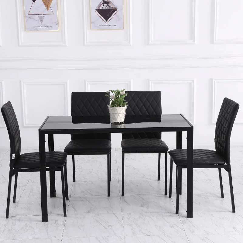 HOMCOM Set de 4 Scaune din Piele Ecologică cu Cusături Romboidale și Picioare din Oțel, 41x50x91 cm, Negru(m-7)