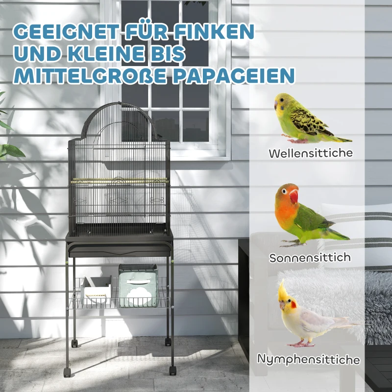 PawHut Mobiele Vogelkooi voor Kanaries & Parkieten, met Onderste Opbergruimte, Metalen Gaas, Zwart(m-8)