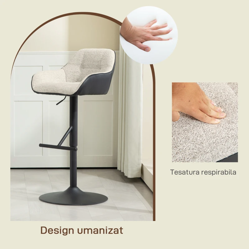 HOMCOM Set 2 Scaune de Bar cu Spătar, Tetiară și Brațe și Bază Antiderapantă, 52,5x53x86,5-108 cm, Gri Deschis(m-7)