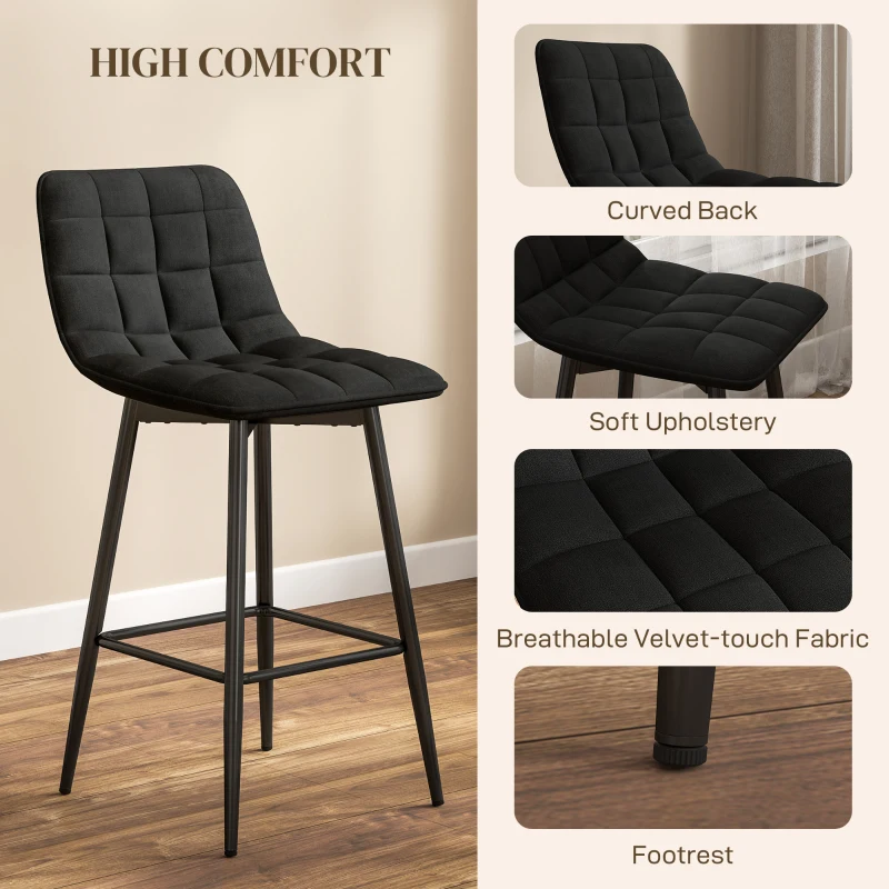 HOMCOM Set 2 Scaune cu Spătar și Suport pentru Picioare, Scaune cu Spătar din Material de Catifea, 45x47x84 cm, Negru