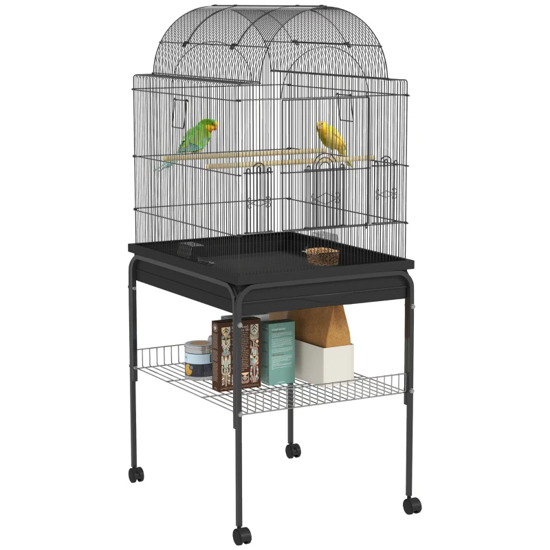 PawHut Mobiele Vogelkooi voor Kanaries & Parkieten, met Onderste Opbergruimte, Metalen Gaas, Zwart(m-10)