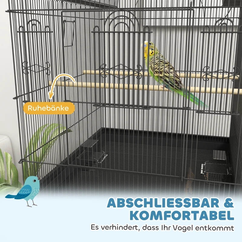 PawHut Mobiele Vogelkooi voor Kanaries & Parkieten, met Onderste Opbergruimte, Metalen Gaas, Zwart(m-4)