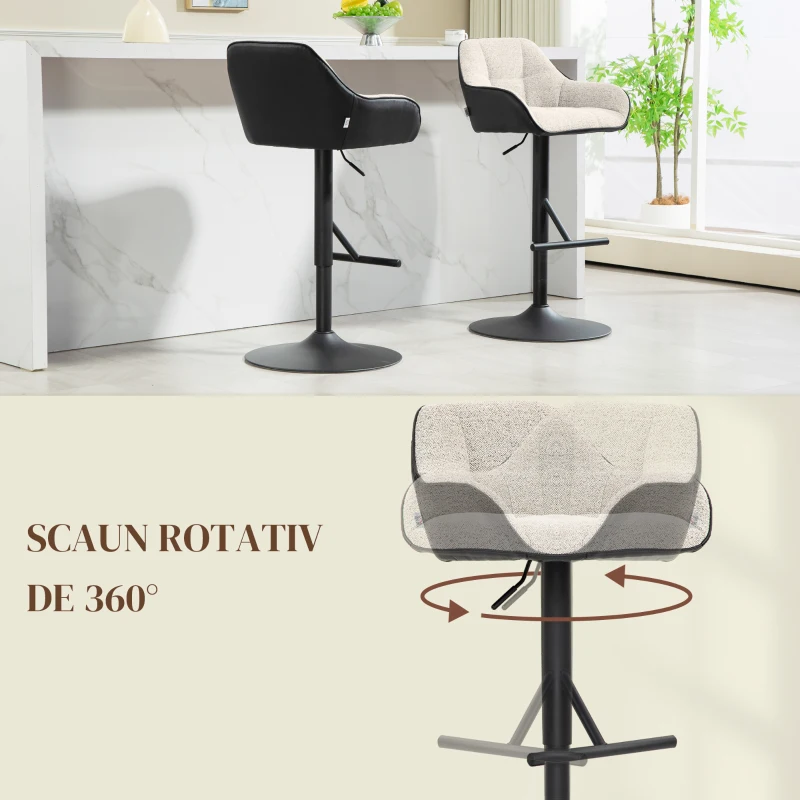HOMCOM Set 2 Scaune de Bar cu Spătar, Tetiară și Brațe și Bază Antiderapantă, 52,5x53x86,5-108 cm, Gri Deschis(m-6)