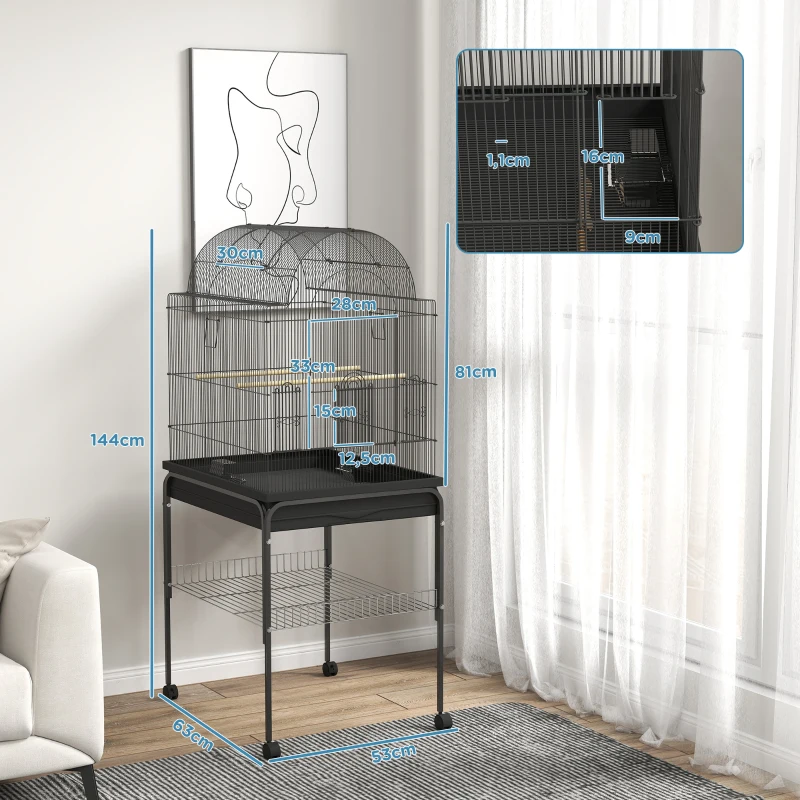 PawHut Mobiele Vogelkooi voor Kanaries & Parkieten, met Onderste Opbergruimte, Metalen Gaas, Zwart(m-3)