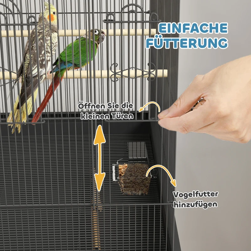 PawHut Mobiele Vogelkooi voor Kanaries & Parkieten, met Onderste Opbergruimte, Metalen Gaas, Zwart(m-6)