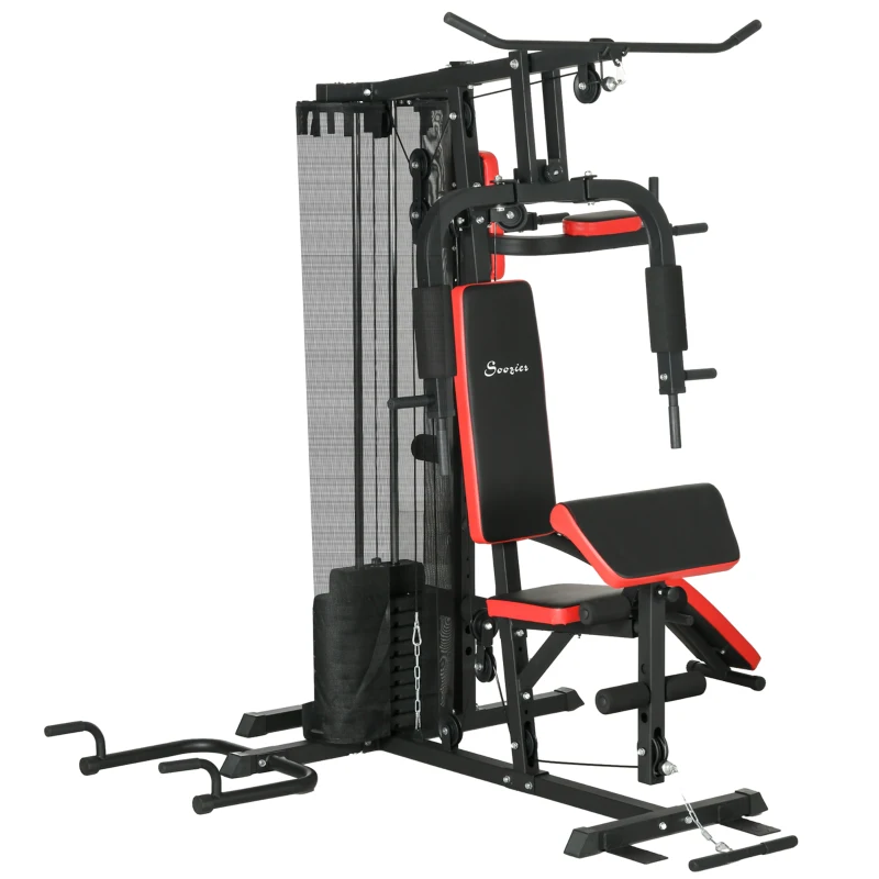 SPORTNOW Multifunctionele Trainingsstation met 65 kg Gewichtsblok, Verstelbaar, Voor Thuis Fitness, Staal, Kunstleer(m-10)