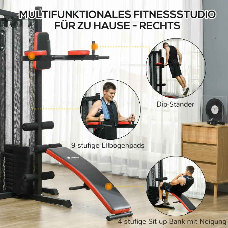 SPORTNOW Multifunctionele Trainingsstation met 65 kg Gewichtsblok, Verstelbaar, Voor Thuis Fitness, Staal, Kunstleer(m-5)