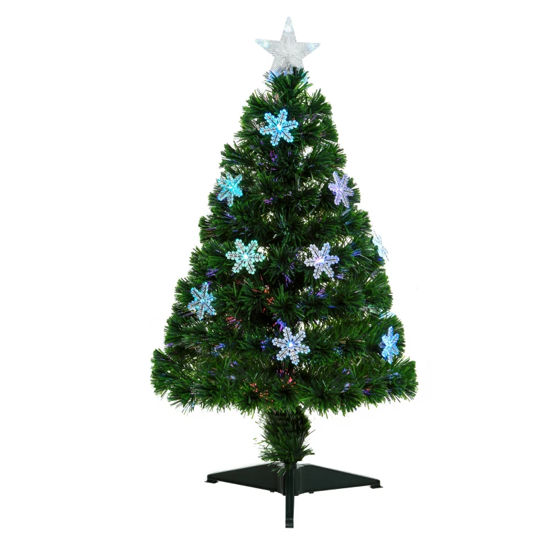 HOMCOM 3FT Green Fibre Optic Artificial Christmas Tree Xmas Colourful LED Scattered Tree with Snowflakes Ornaments Fireproofing