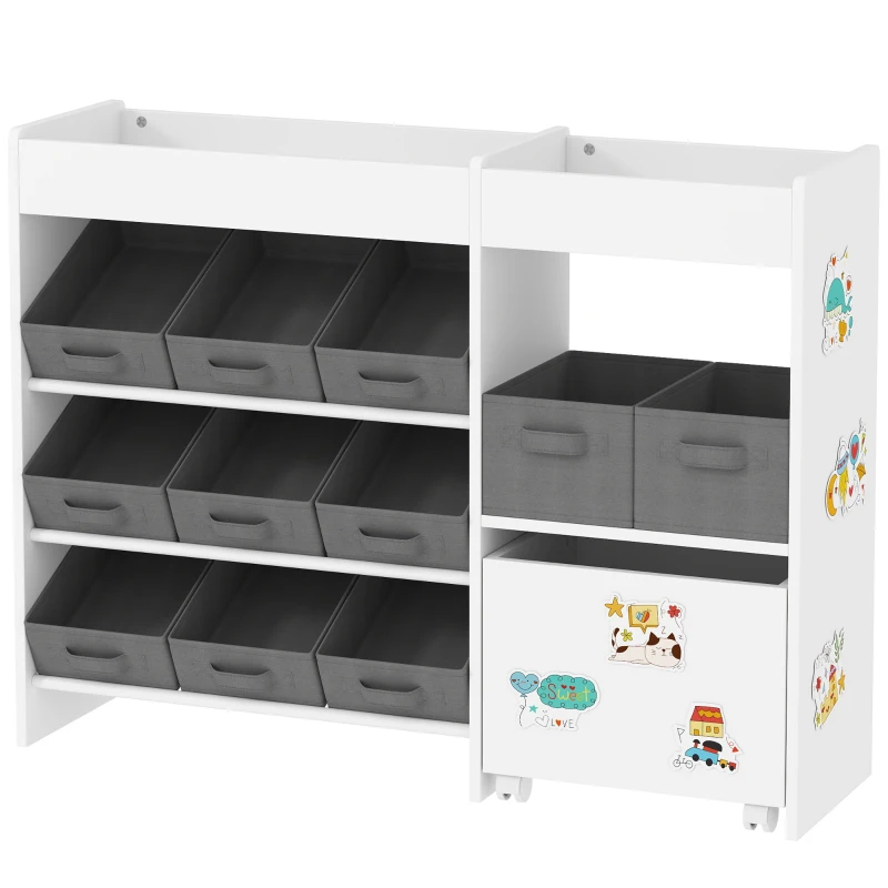 AIYAPLAY Kids Toy Storage Unit with 11 Bins, Cabinet, Top Shelves, 3 Stickers, for Nursery, Playroom, Kindergarten, White