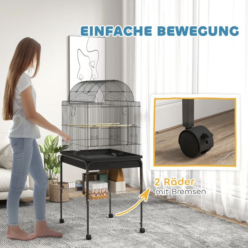PawHut Mobiele Vogelkooi voor Kanaries & Parkieten, met Onderste Opbergruimte, Metalen Gaas, Zwart(m-5)