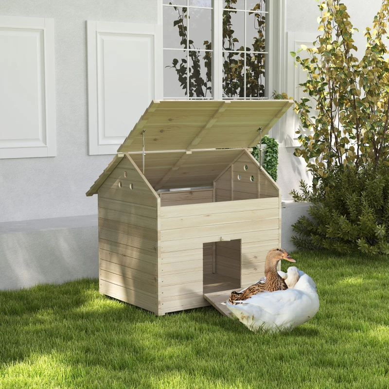 PawHut Wooden Duck House Poultry Coop for 2-4 Ducks with Openable Roof Raised Feet Air Holes Natural
