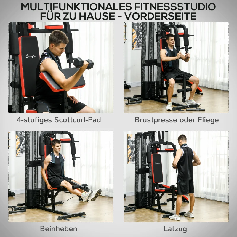 SPORTNOW Multifunctionele Trainingsstation met 65 kg Gewichtsblok, Verstelbaar, Voor Thuis Fitness, Staal, Kunstleer(m-4)