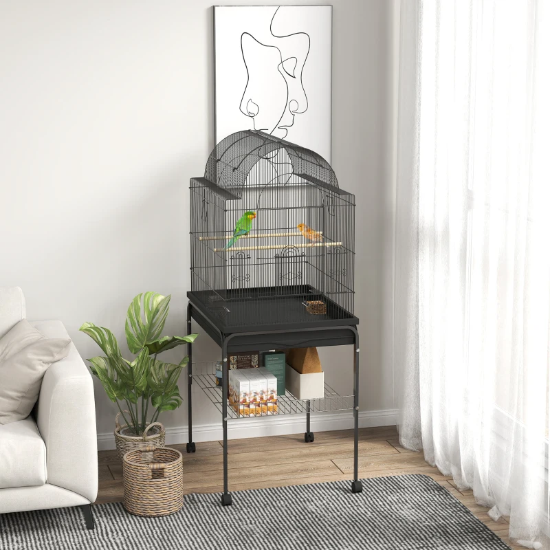 PawHut Mobiele Vogelkooi voor Kanaries & Parkieten, met Onderste Opbergruimte, Metalen Gaas, Zwart(m-2)