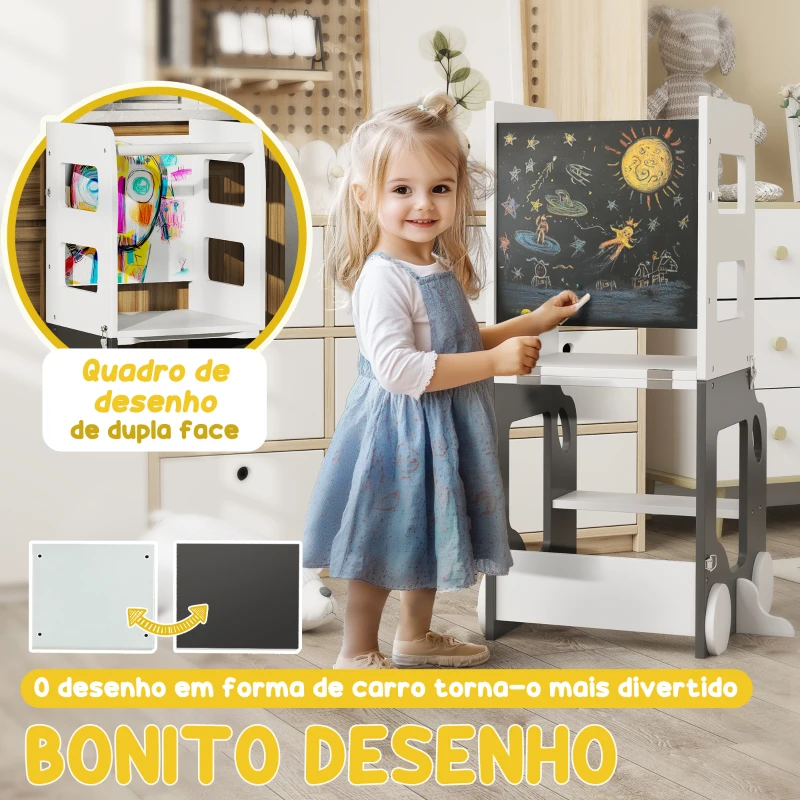 AIYAPLAY Torre de Aprendizagem 4 em 1 para Crianças em Forma de Carro Convertível em Mesa e Cadeira 58x46x92 cm Branco e Cinza